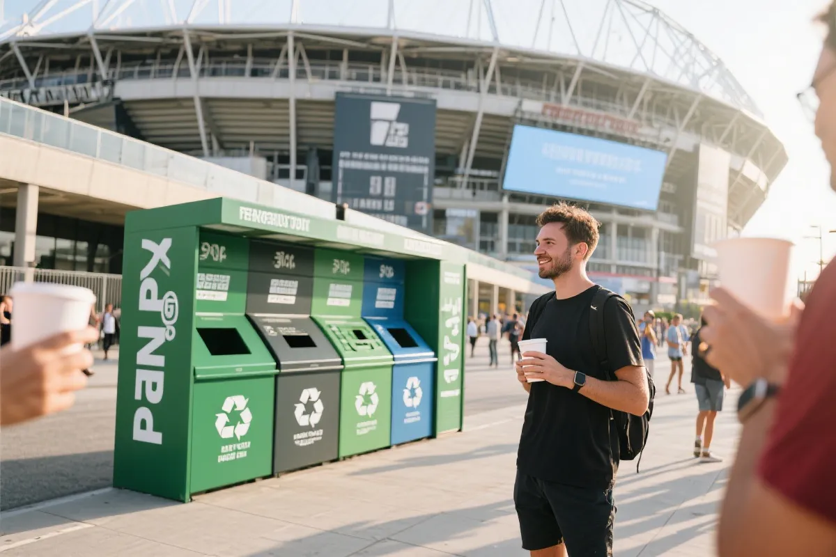 球场外的垃圾分类回收站与球迷手持可重复使用水杯的场景